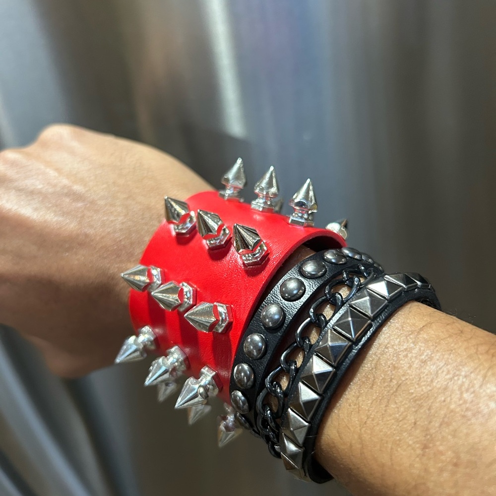 2 PCs faux leather Gothic spike Bracelets - Red Black Chain spike  bracelet